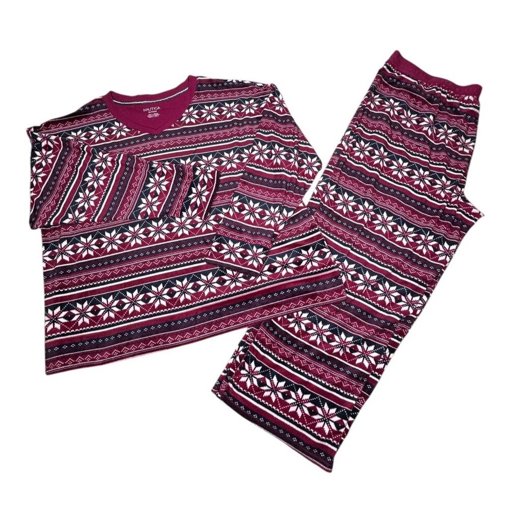 Nautica Womens Size XXL 2X Pajama Set Nordic Print Cotton Blend Red Navy Fleece
